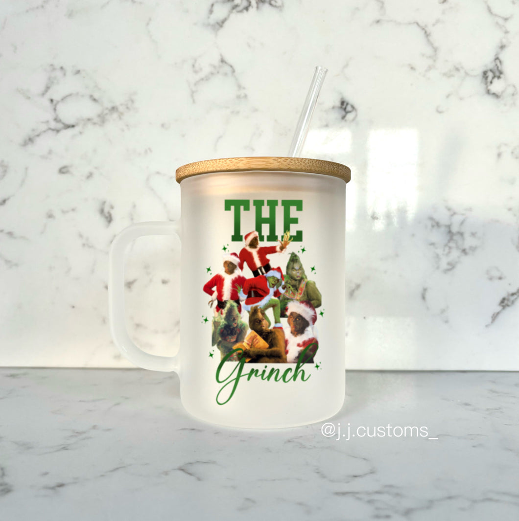 Grinch Homage Glass Mug with lid