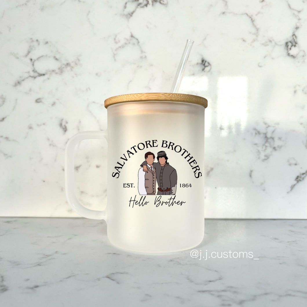 Salvatore Brothers Est. Glass Mug with lid