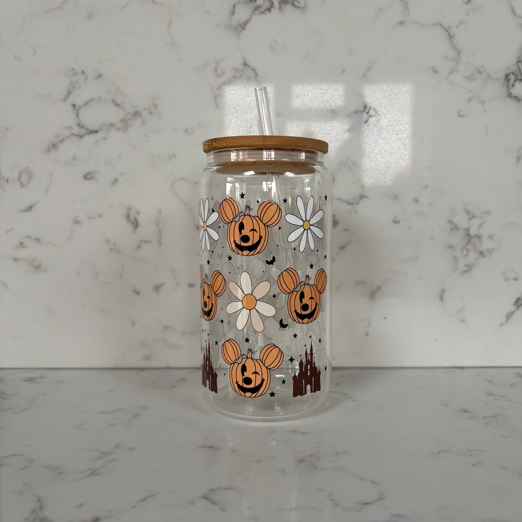 Pumpkin Mickey Flowers Glass Tumbler