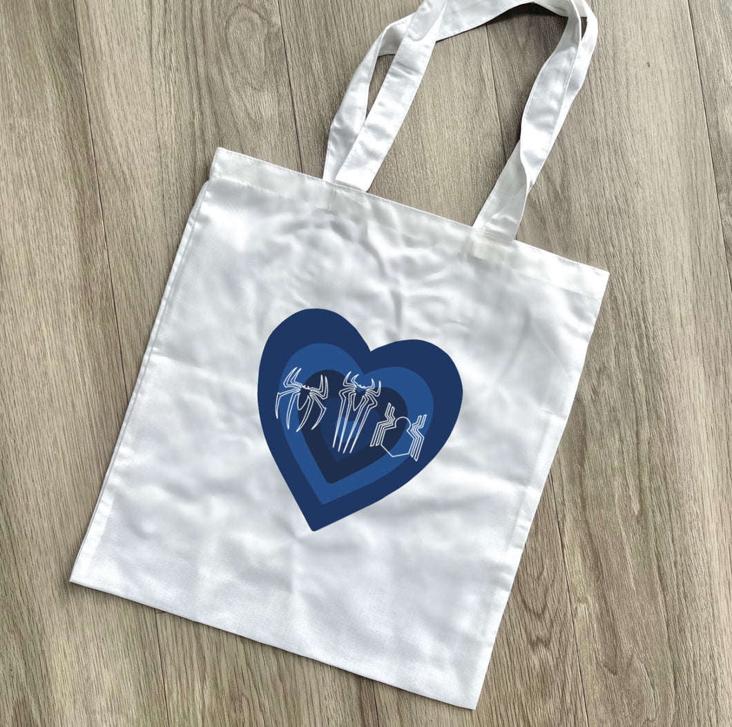 Blue Spidey Heart tote bag